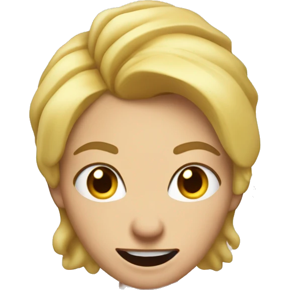 Woman: Blond Hair with with horns, a wide grin, and eyes and eyebrows scrunched downward in the same manner as angry face emoji