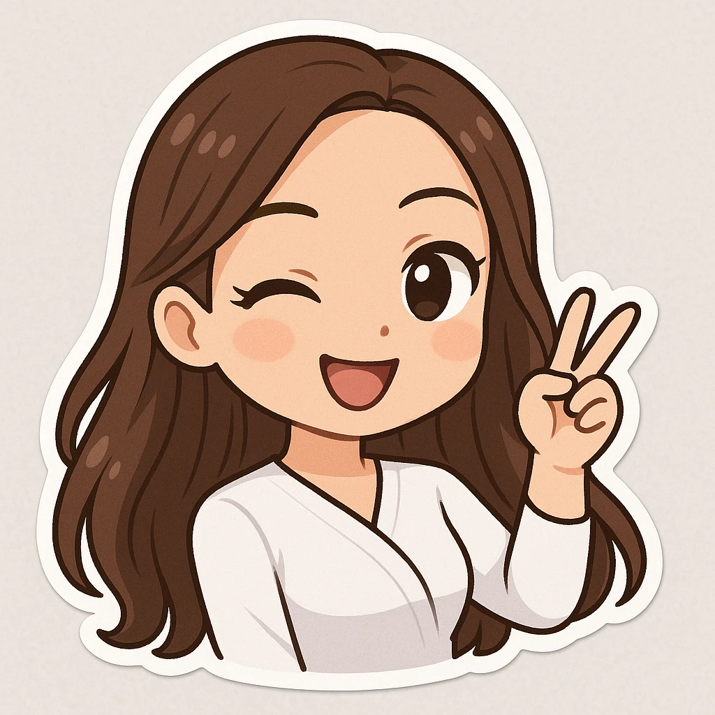 3D bitmoji chibi sticker of the girl from the reference, expressive face and eyes, long brown hair, winking playfully. emoji