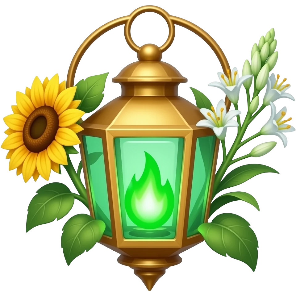 A golden hanging lantern with a bright emerald flames, an empty loop on top, fae themed sunflowers on the left and fully bloomed asphodels on the right as part of the design, but simple focus more on the green flames, paint the glass more green, have its bottom point come to some sort of point emoji