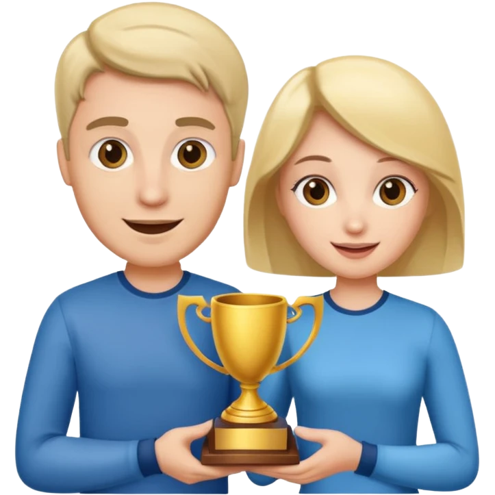 Create an emoji that reflects man & woman that is happy, and that asks a lot of questions and have trophy all around him & her emoji