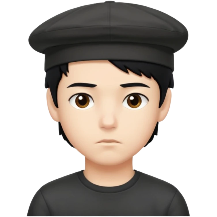 Gere um menino de cabelos preto e boné de lado com feição séria branco emoji