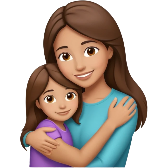 Hispanic mother hugging daughter with straight brown hair hugging emoji