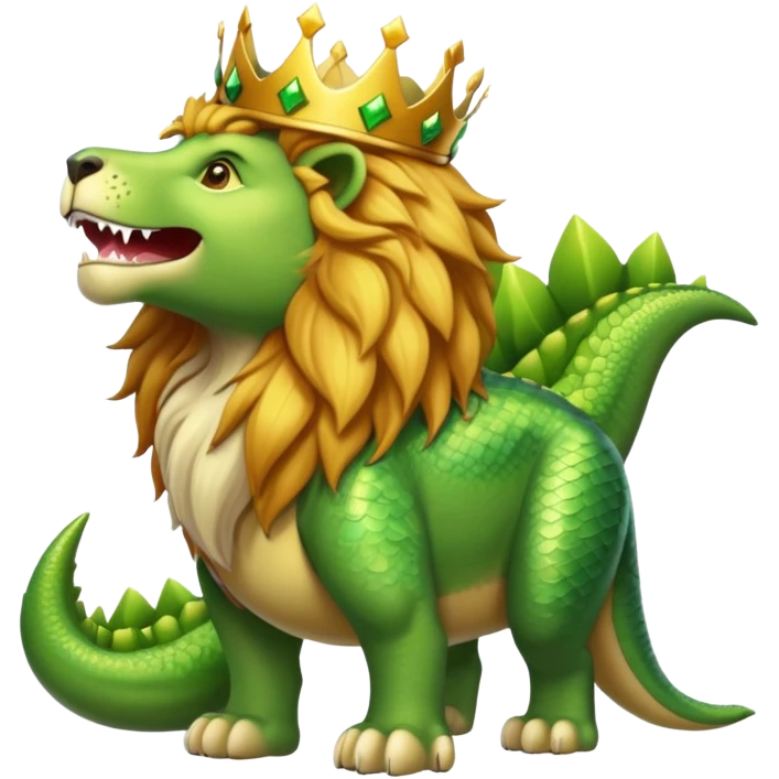 A lion wearing a golden crown standing next to a friendly dinosaur emoji