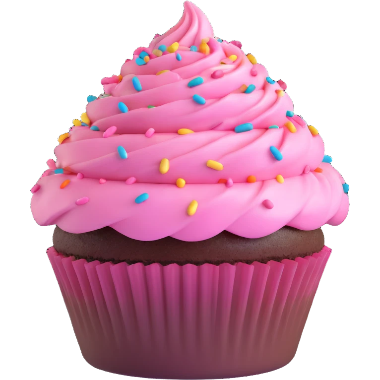 cupcake with pink icing with colorful sprinkles, chocolate cupcake base, 3D emoji style emoji
