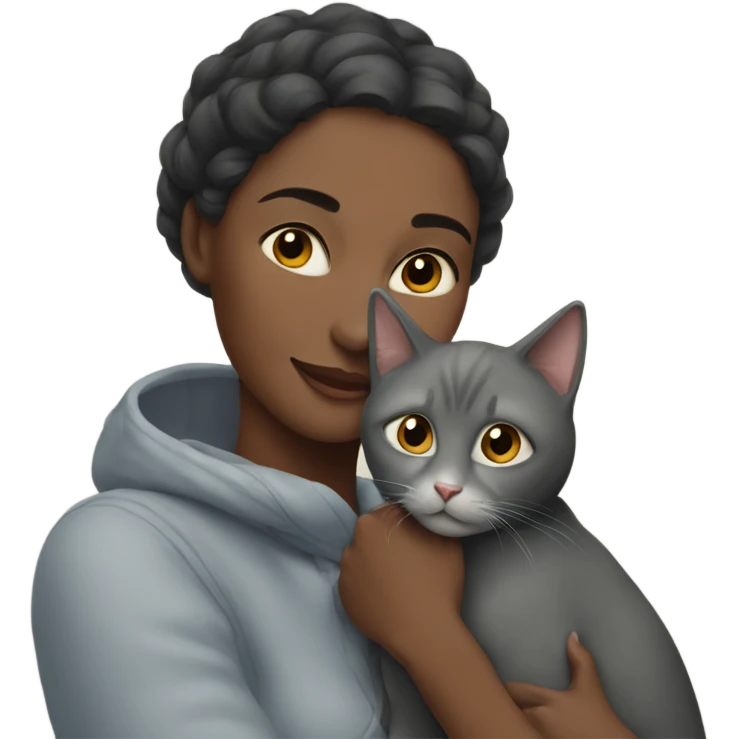 outdoor portrait of a woman hugging a gray cat emoji