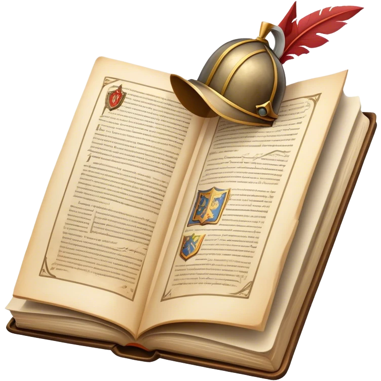 Icon for Historical Fiction Reading: an open book with pages showing ancient scrolls, a quill, a knight's helmet, and a parchment map. The icon should evoke the adventure and grandeur of historical settings and storytelling. Transparent background. emoji