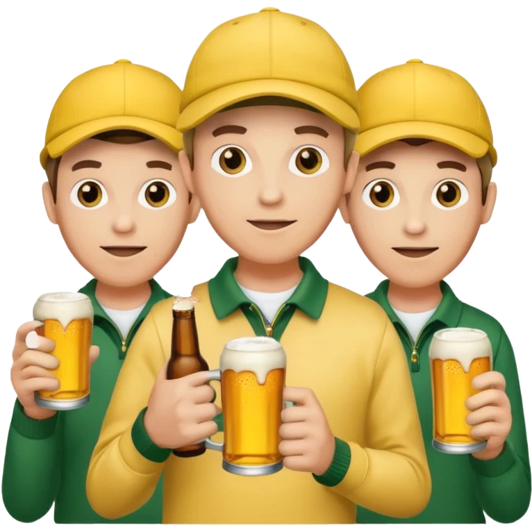 16 men on a golf trip wearing yellow golf caps all holding a beer can with a Xmas style label. Has to be 16 of them. emoji