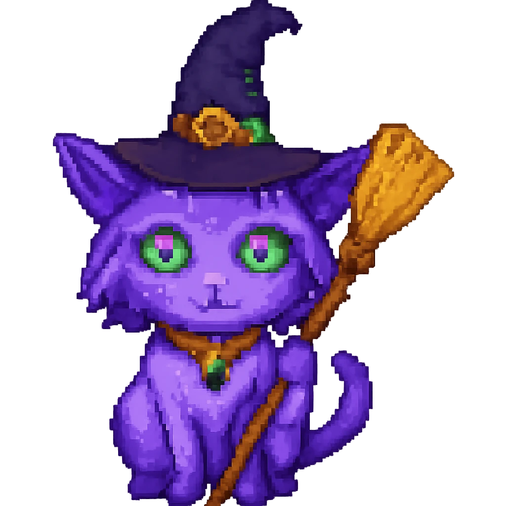 Edit the image of a purple witch cat holding a broomstick in pixel art style with no background. Remove the background and keep the pixel art style look intact. emoji