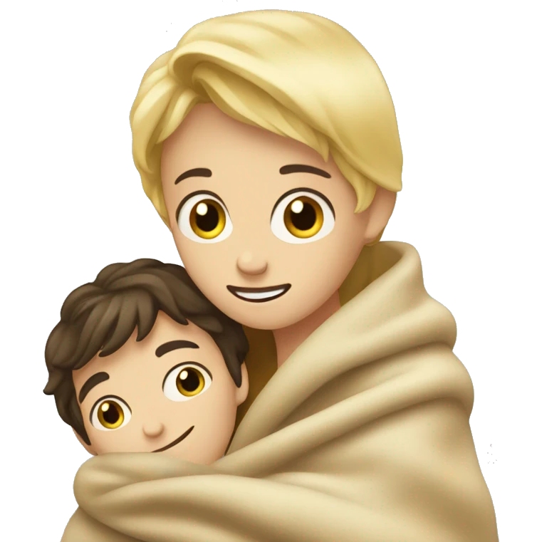Brunette boy and blond girl hugging in a blanket  emoji