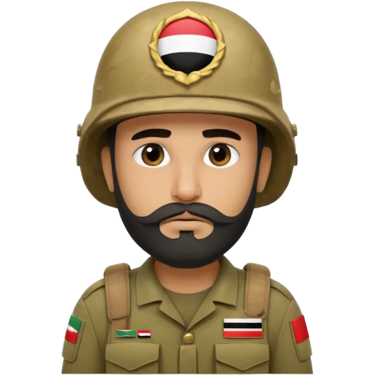 A tired, swarthy Iraqi soldier with a beard, an Iraqi flag on his helmet, a sad expression and bags under his eyes emoji