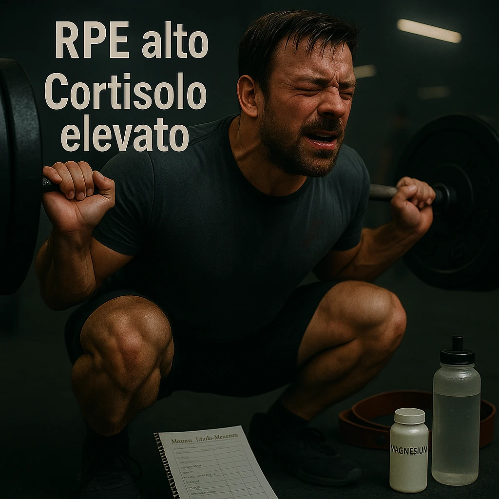 Replace the floating icons above the head with clear and readable Italian text: 'RPE alto' and 'Cortisolo elevato', maintaining the cinematic style and original color palette of the image. emoji