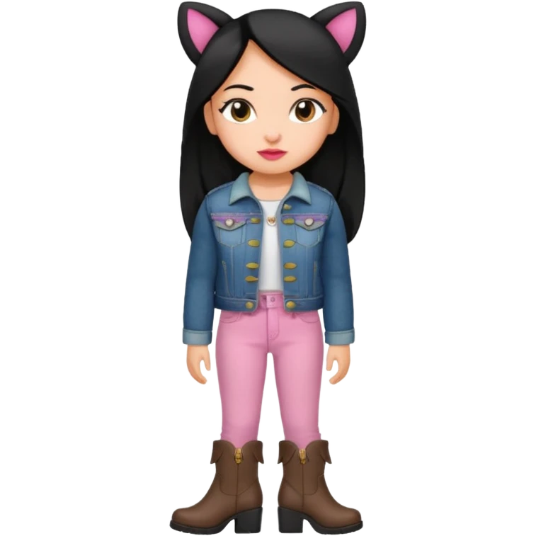 Gordita, ojos pequeños de color cafe oscuro, labios pequeños y rosados, piel trigueña, orejas pequeñas, cabello largo lazio y negro, pequeña. cuerpo completo. vestida con saco jean y botas emoji