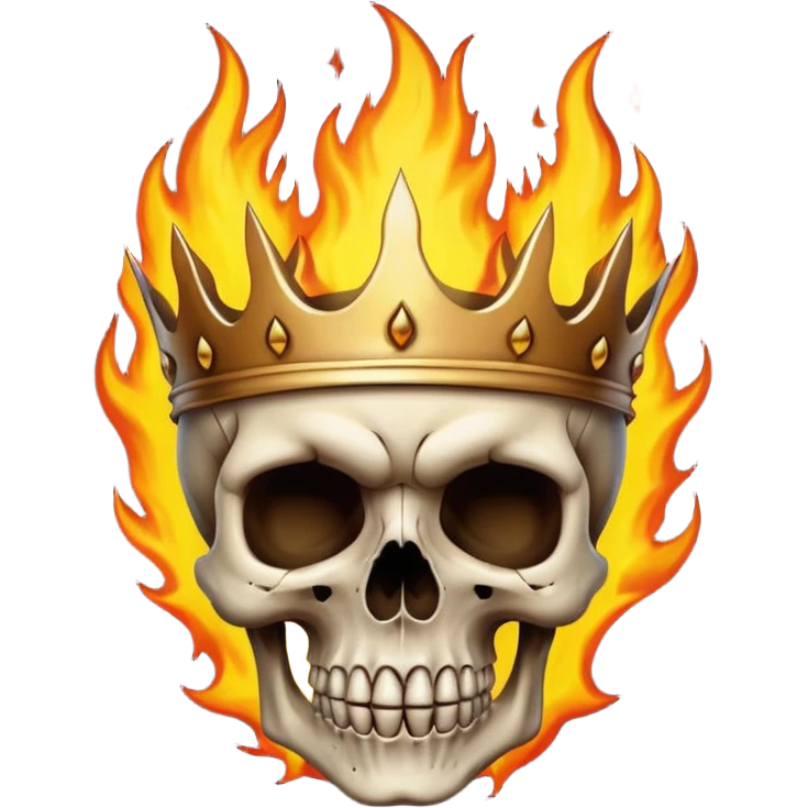 A detailed skull crowned by realistic flames, gothic metal aesthetic, high contrast, soft neutral background, subtle shadow, emoji-style icon, clean edges, digital illustration. emoji