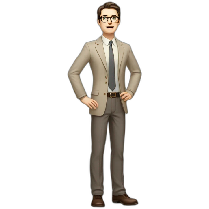 Full height Actively Gesturing Pale skinned fit man with dark brown hair in gray jacket, beige office shirt, brown tie, brown pants and vintage glasses. emoji