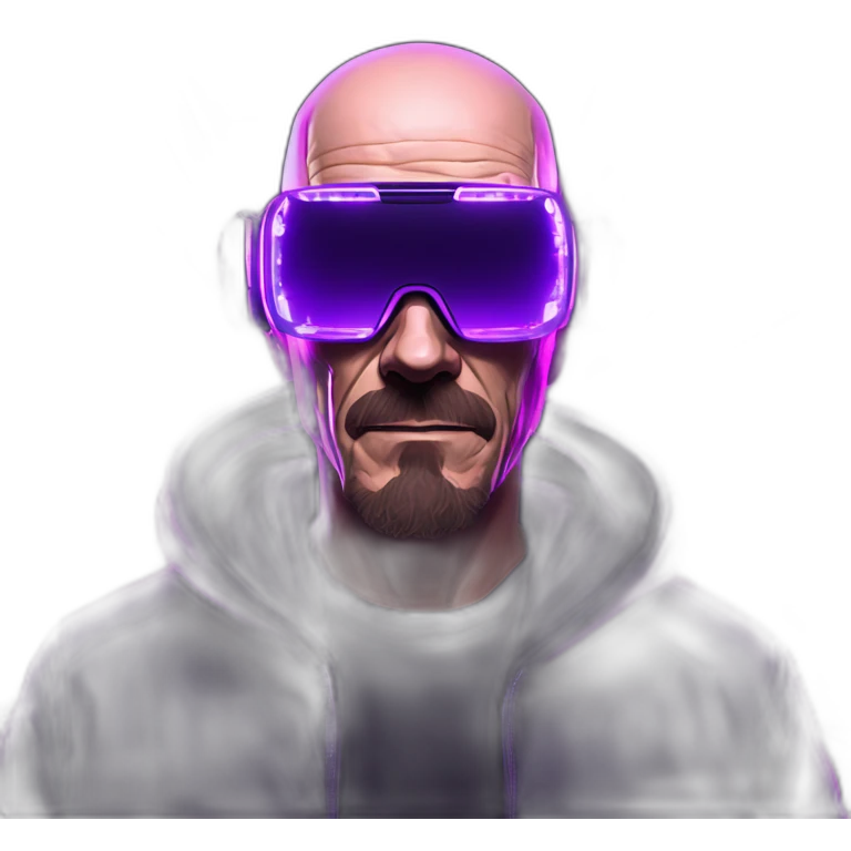 Walter White wearing a black hoodie with "OMG" letters on it and VR headset in a cyberpunk VR environment with violet neon lighting. emoji