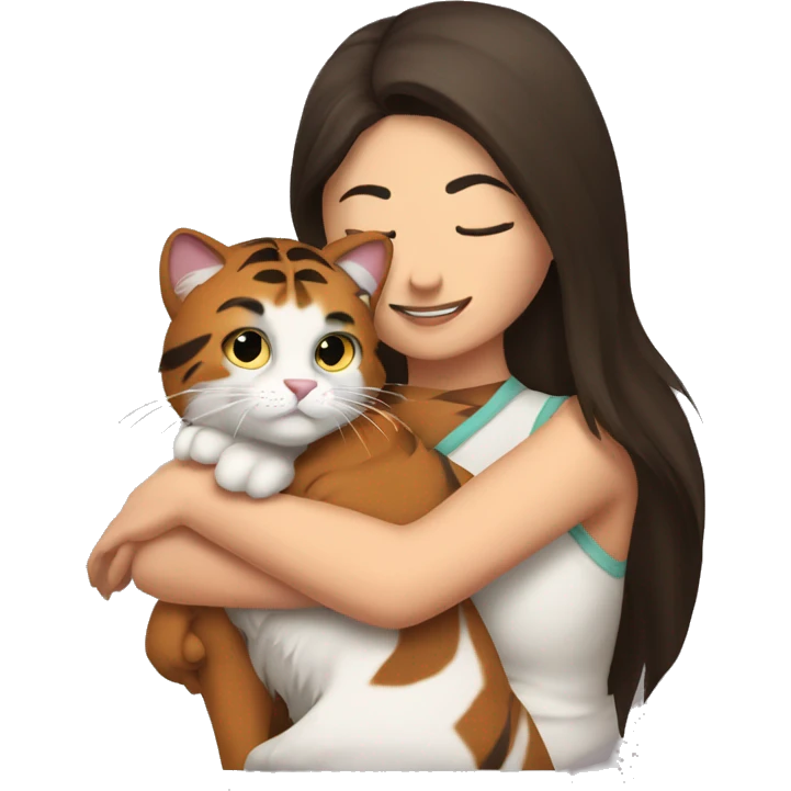 Brunette woman hugging a Himalayan tiger cat emoji