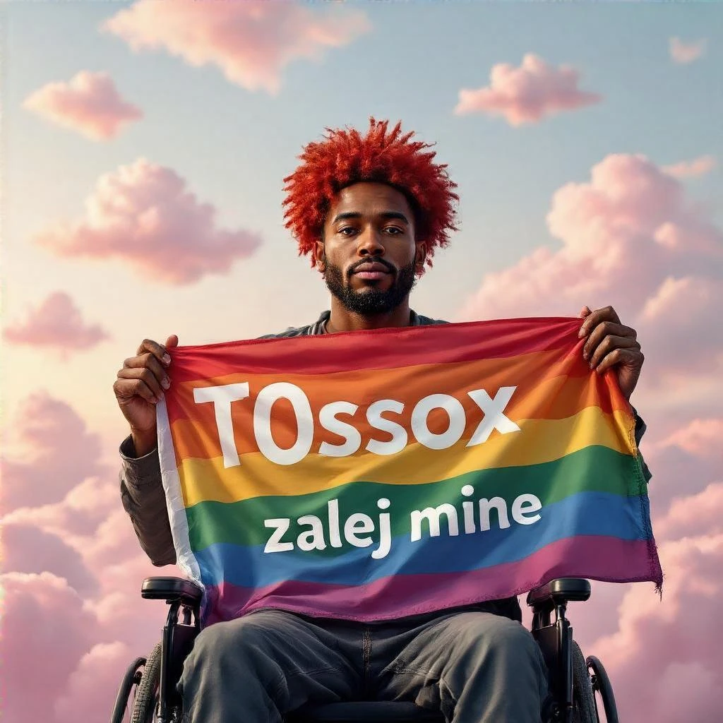 Black man with red hair sitting on wheelchair holding lgbt flag holding text "T0ssox zalej mnie" pink clouds around, pink sky with pink back light emoji