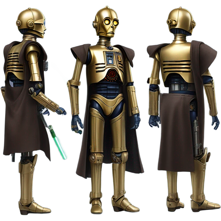 well-equipped jedi first order human-sized darkblue-pearl C3po as a friendly bounty hunter droid wearing a leather attire old west duster coat holding light saber ready to fight but relaxed. antiqued emoji
