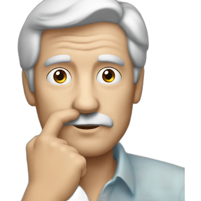 left facing face of older dark haired man rubbing chin with hand from thinking emoji