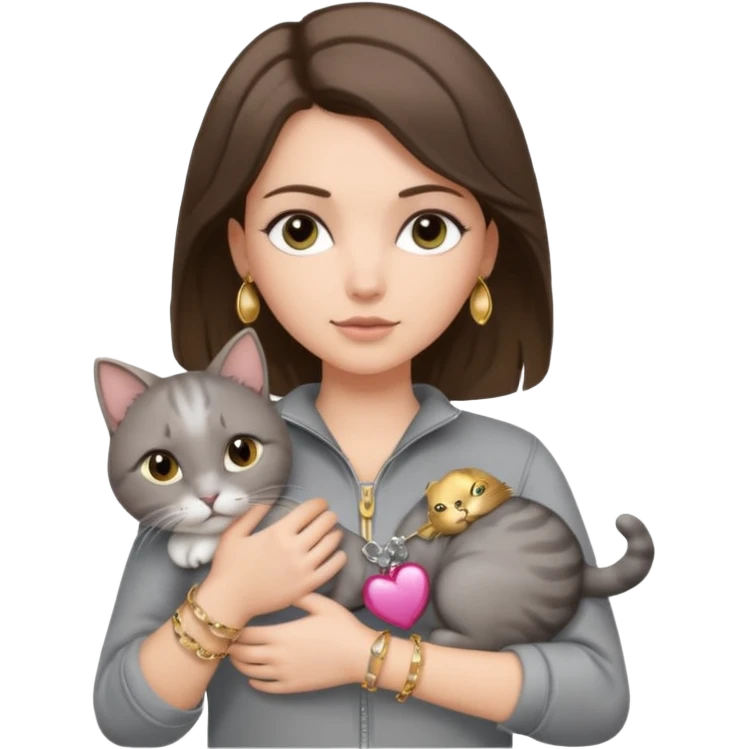 a white girl with brunette hair in brain that is over her shoulder. shes holding a grey cat. the girl has long lashes and has on a grey zip up that is half way zipped  and under a white shirt and gold jewelry that is gold bracelets. emoji