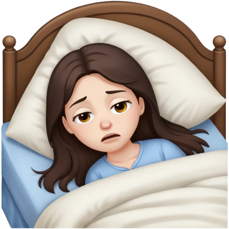 girl with long dark brown hair brown eyes and pale skin crying in bed tired sick emoji
