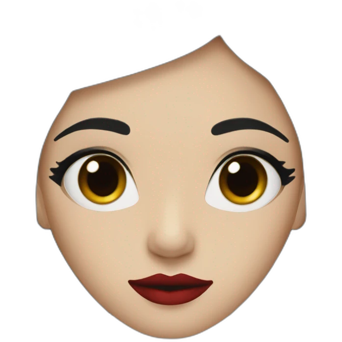 long straight black hair, red lipstick, black eyes, white skin and a small nose emoji