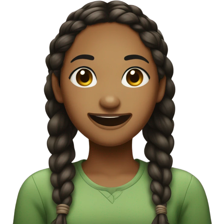 A slightly dark brown girl, with thin eyebrows, a luscious mouth, with braids, moles on her face, she laughs, she wears a green top in a slightly grunge style  emoji