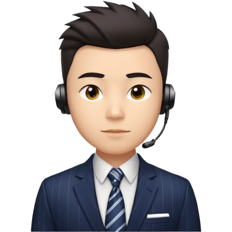 gay young Asian man with light skin, short dark hair styled upward with a sharp spiked swoop in front, slightly narrowed almond-shaped eyes with a confident, knowing squint, a clean-shaven face, and a sleek single-ear headset, wearing a dark pinstripe suit with a patterned shirt tie emoji