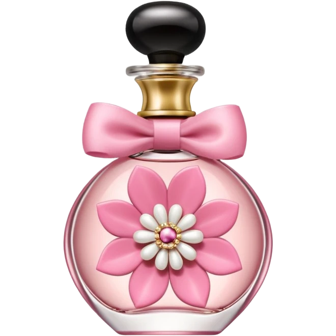 perfume coquette, botella elegante con lazo rosa, muy femenino emoji