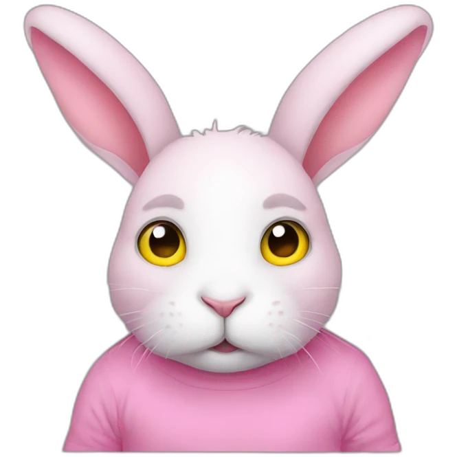 rabbit pink sad eyes, wears teeshirt yellow emoji
