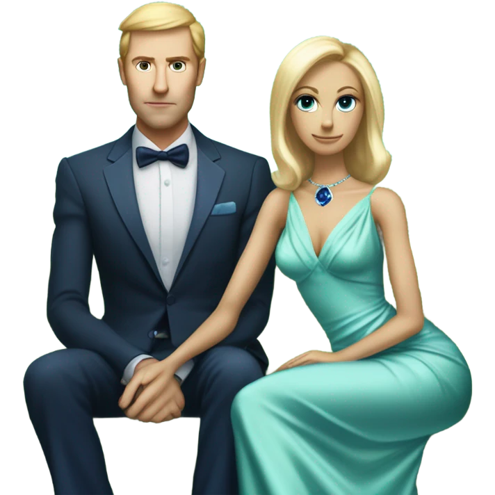 light green skin alien blonde woman in long slim pastel blue formal party satin dress with gradient shiny sparkling navy blue diamonds embroidered , and caucasian man in black dress, sitting on a white couch  emoji