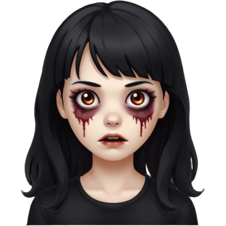 Zombie girl, with bangs above her eyebrows, her dark hair, thin eyebrows. Long hair and Wavy her clothes are black emoji
