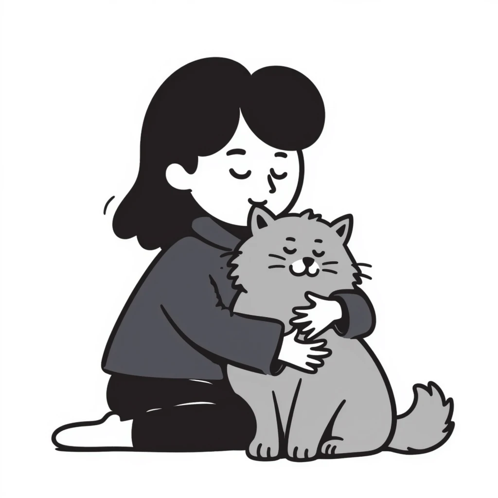 Brunette girl with dark blue sweatshirt snuggling a fluffy grey Siberian cat emoji