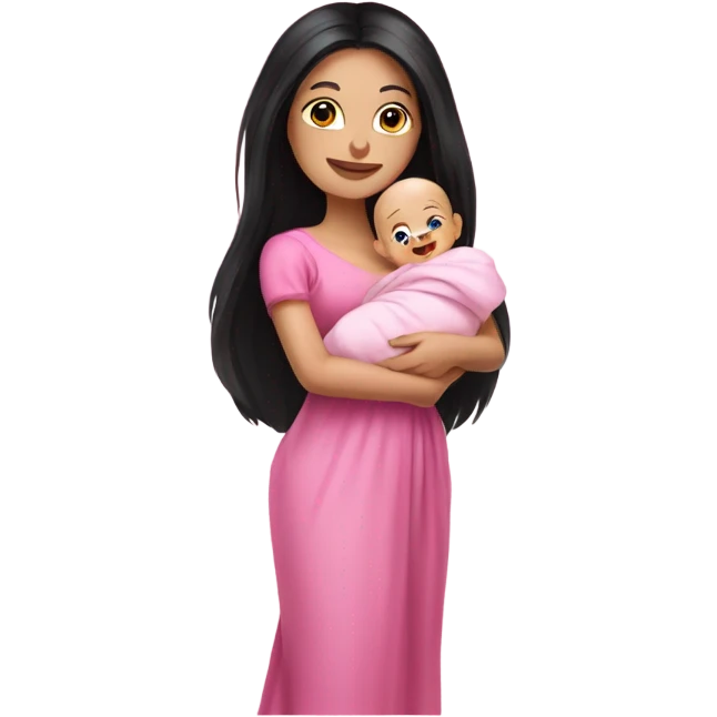 Beautiful Russian lady with very long black hair pink clothes holding baby  emoji