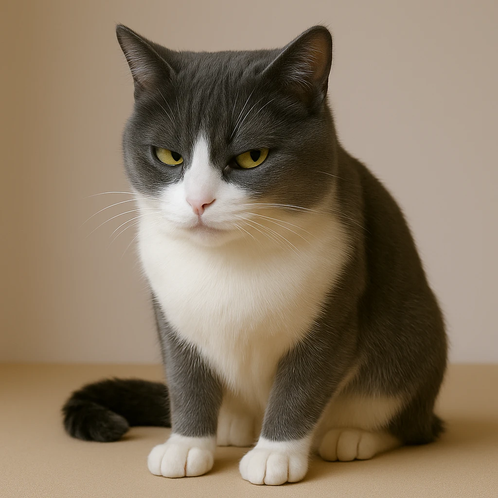 Make the cat look suspicious (sus) with a sly or side-eye expression. Keep the fur only gray on top with no stripes, white nose and underbelly. Render in a realistic, lifelike style with detailed fur texture and natural lighting. emoji