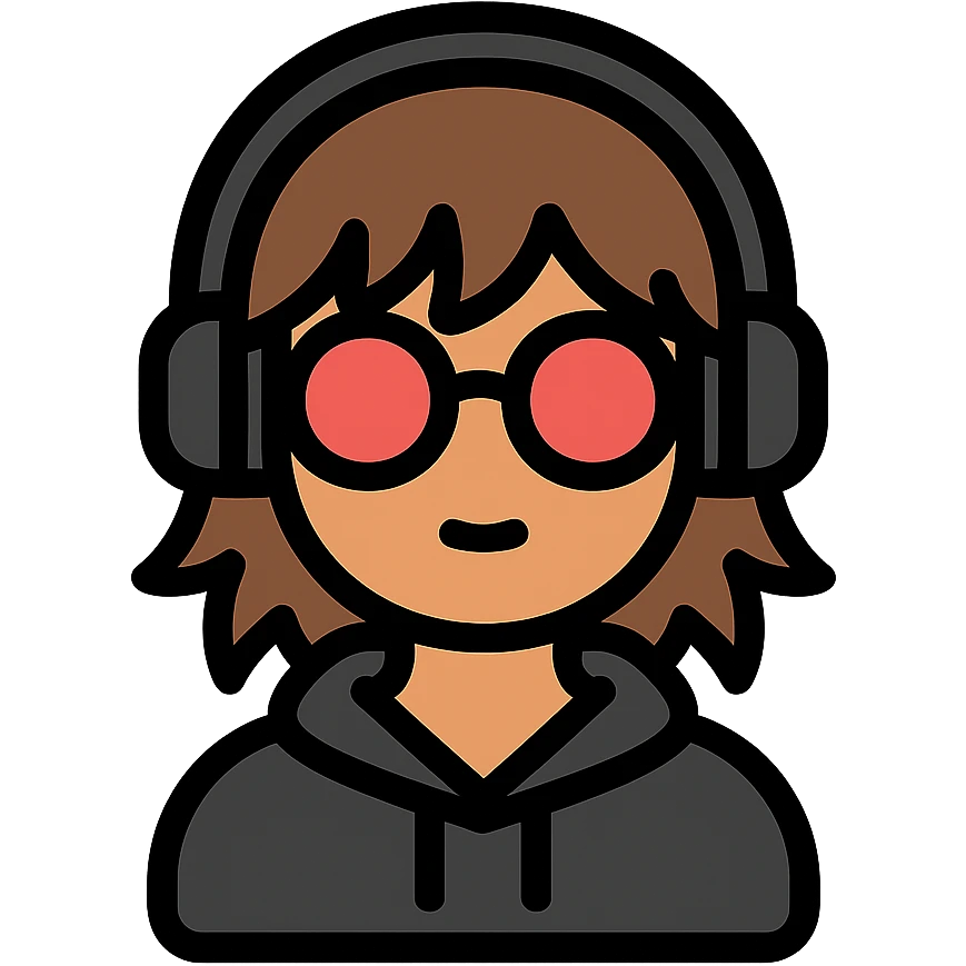 tan brunette girl with a short wolf haircut, round ruby glasses, black headphones, and a black hoodie emoji