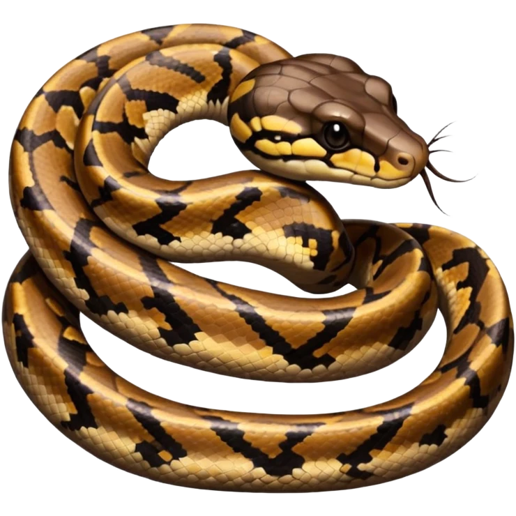 A photo-realistic top-down view of a Ball Python gently coiled into a tight spiral, with its head resting peacefully at the center. Its scales are warm brown with bold, irregular black markings, including the distinctive “alien-head” pattern, flowing smoothly along its body.  emoji