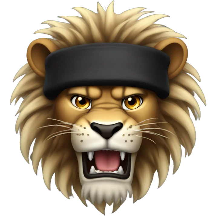 angry lion with metal claws and huge mane with black beanie hat emoji