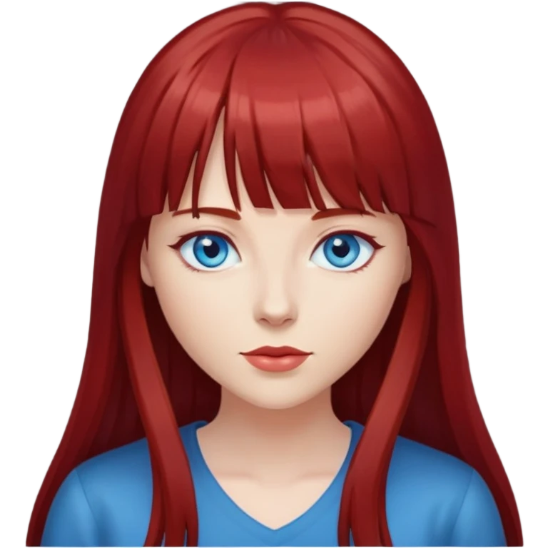 Mulher de cabelo liso longo vermelho escuro com franja e olhos azuis emoji