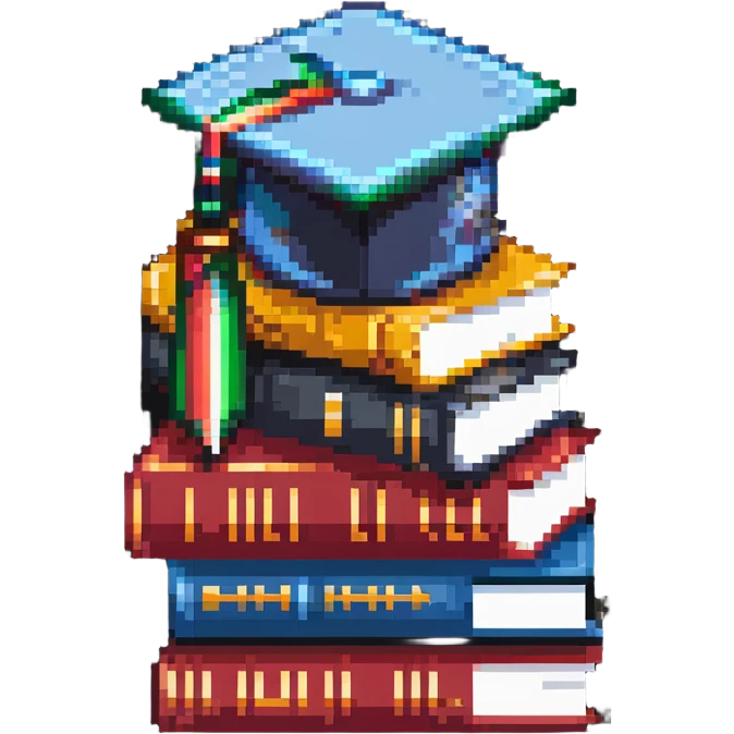 abstract pixel art, simple 3 books stack with graduation cap, minimal details emoji