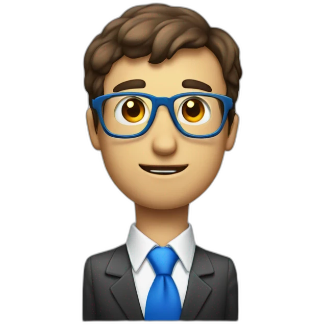 A guy with a class cube as a head with only 2 eyes and a red necktie. wich are blue like the glass. He wears emoji