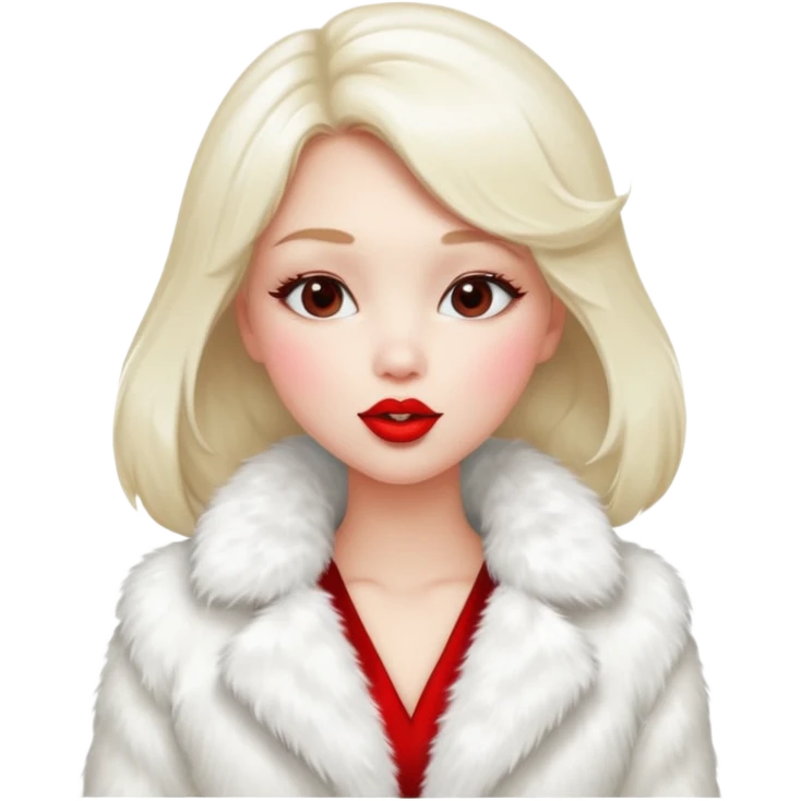 A beautiful, cute girl with red lipstick on her lips is posing for a photo in a white fur coat, and she's seen in full view, blowing a kiss. emoji