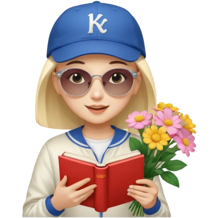 ["A happy girl with light skin, bald, wearing a baseball cap and sunglasses, dressed in K-pop fashion, is reading a book while holding a flower bouquet."] emoji