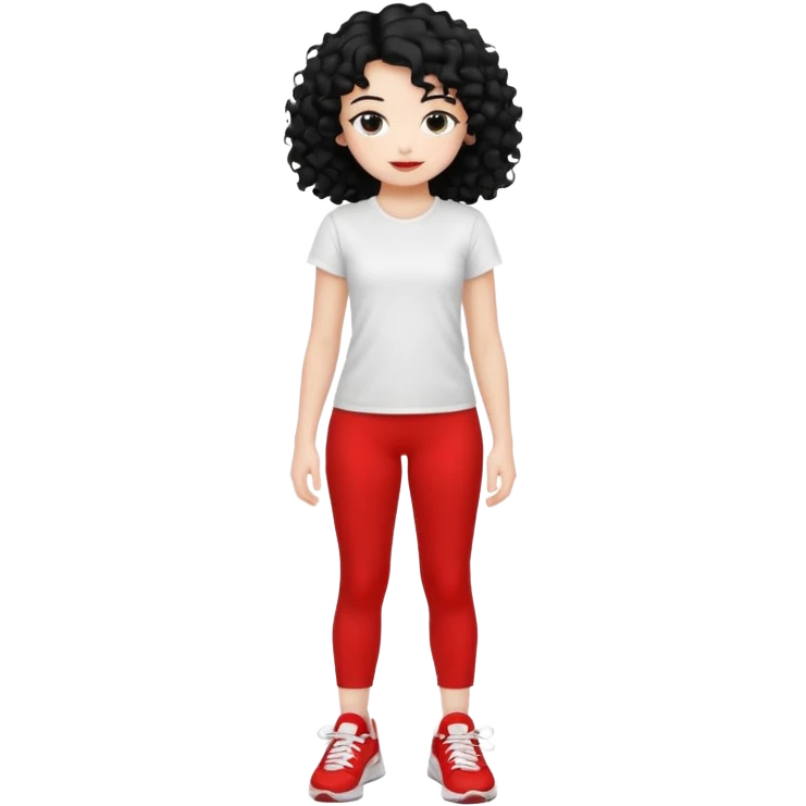 generate a pretty bratz fair skinned girl with curly black hair wearing a white tshirt trekking with red sneakers on and black leggings emoji