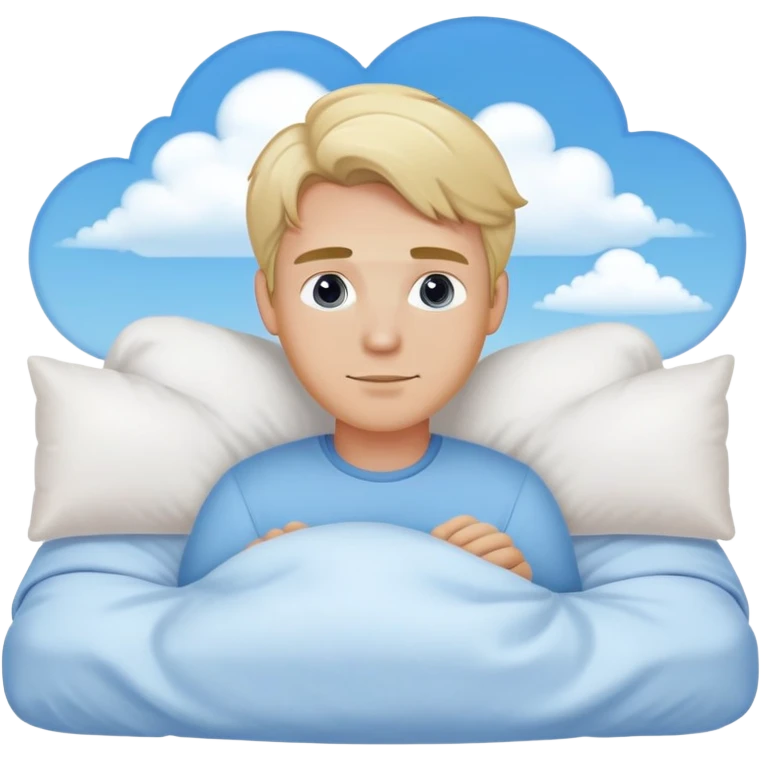 Sweet dreams a blonde man in a very comfy bed with blue and Pastel clouds elegant  emoji