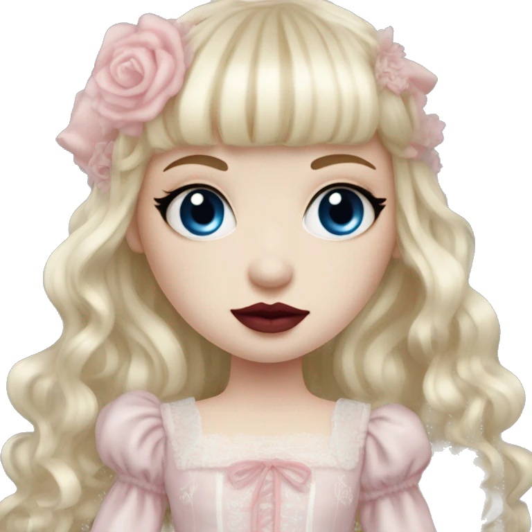 russian pale girl with long blond hair and bangs, red lips, pink cheeks, long eyelashes, big blue eyes, pink wedding dress with laces, gothic Lolita doll look emoji