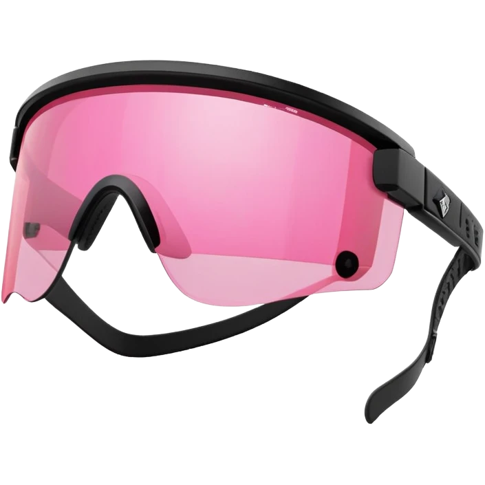 sporty pink shield visor sunglasses with thick frame and reinforced corners, armored robust look, massive build, one-piece lens with protective coating emoji