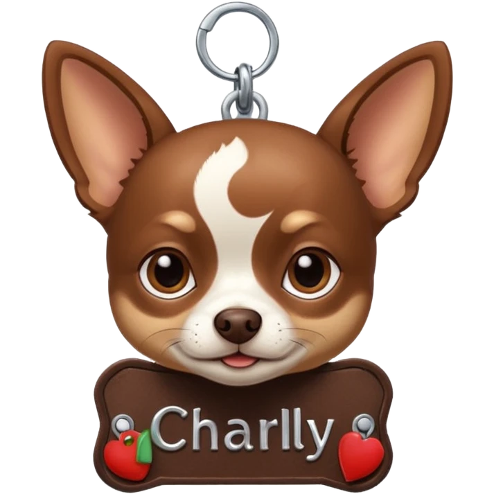 Chihuahua color chocolate, con un collar con su nombre "Charly" emoji