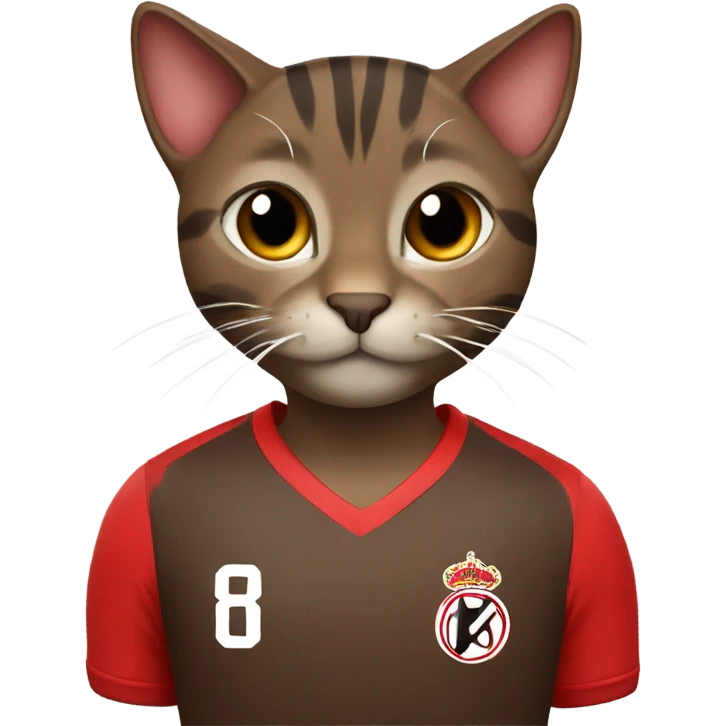 Dark brown tabby cat that is a soccer player with a red jersey emoji