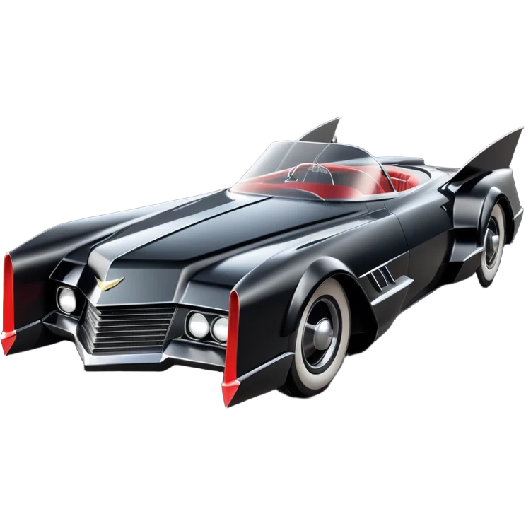  the animated series aerodynamic opulent dark futuristic concept Batmobile loosely based on 1966 Cadillac roadster(flat long straight faceted mechanical body) winged stealthy street hot rod  emoji